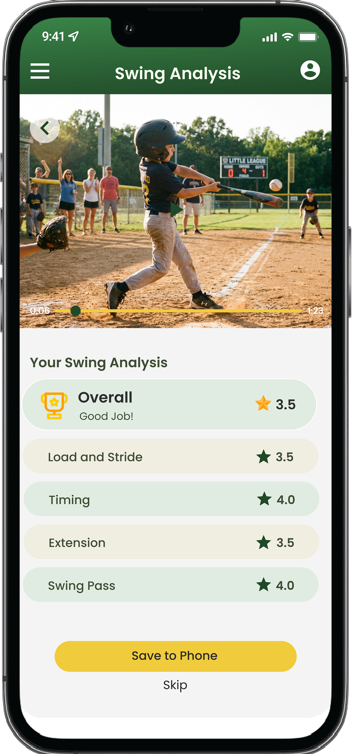 NextSport app showing swing analysis results — Load and Stride 3.5, Timing 4.0, Extension 3.5, Swing Pass 4.0